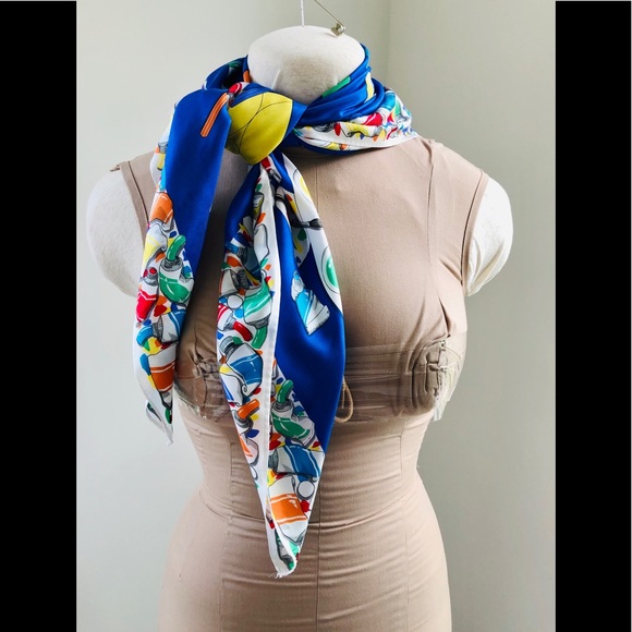 VTG 70’s Perry Ellis silk scarf painter theme print Royal blue & primary colors
